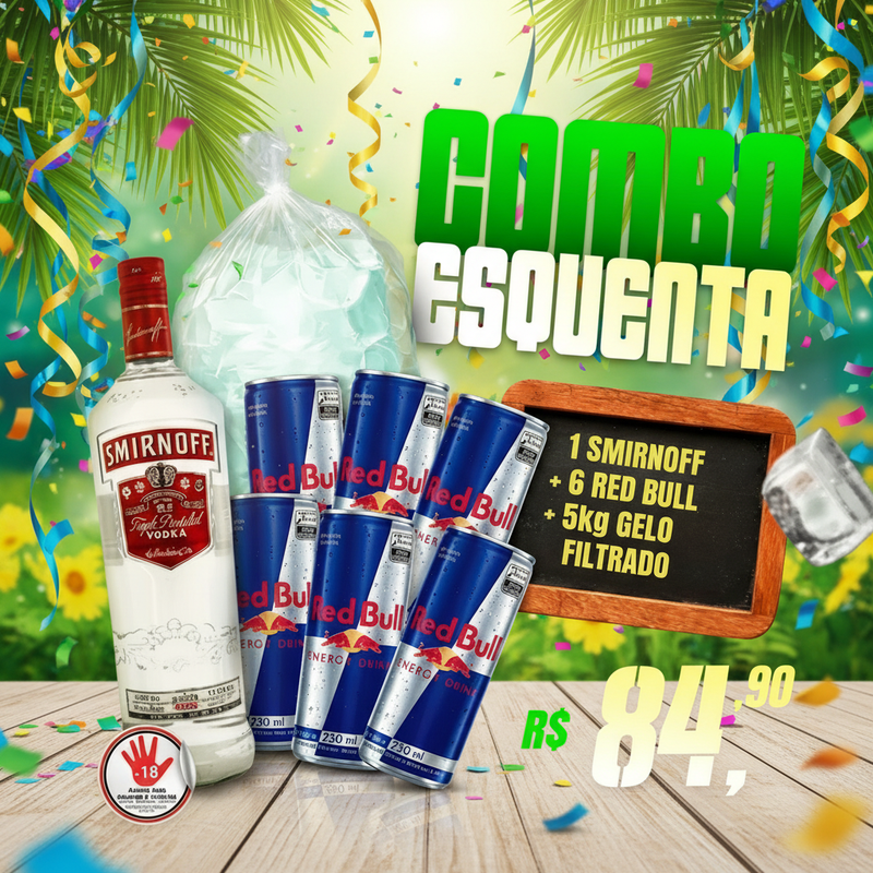 Combo Esquenta Smirnoff (1 Vodka Smirnoff + 6 Red Bull + Gelo)